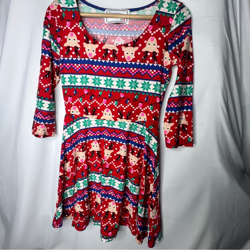 With Love, Derek Christmas Dress Reindeer Print Red Festive Holiday Party Size M